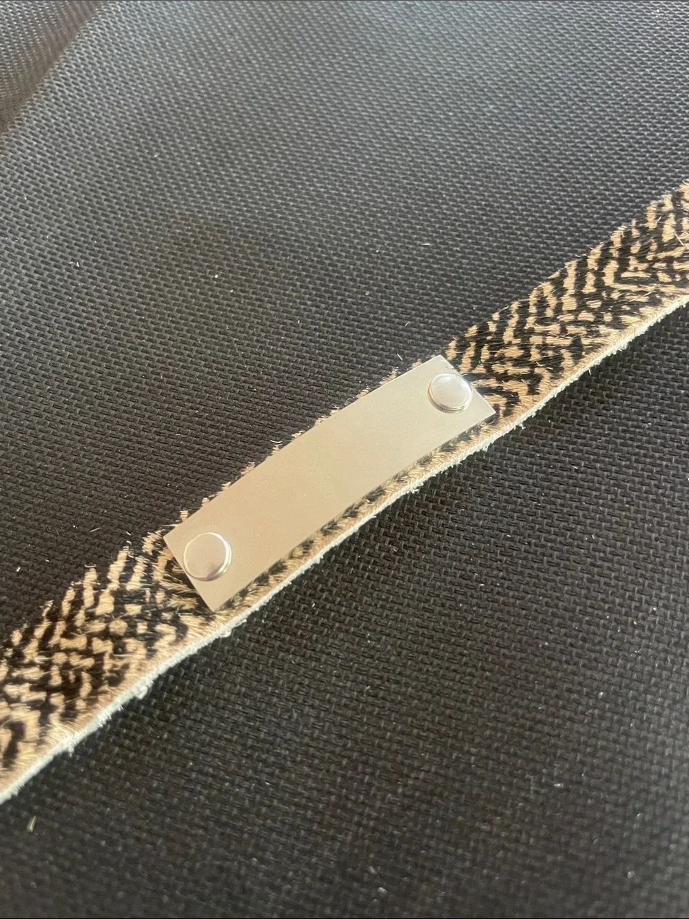 Plunder Brown Zebra Print Leather Snap Bracelet. Silver rectangular ID tag. NEW